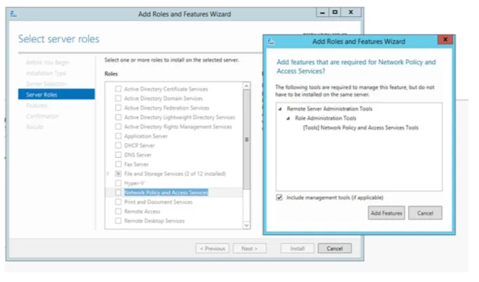 Add Roles and Features Wizard server roles page with Network Policy and Access Services selected