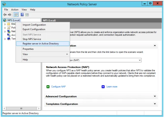 Network Policy Server console context menu showing Register server in Active Directory option