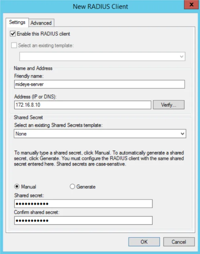Network Policy Server new RADIUS client dialog with friendly name, IP address, and shared secret fields