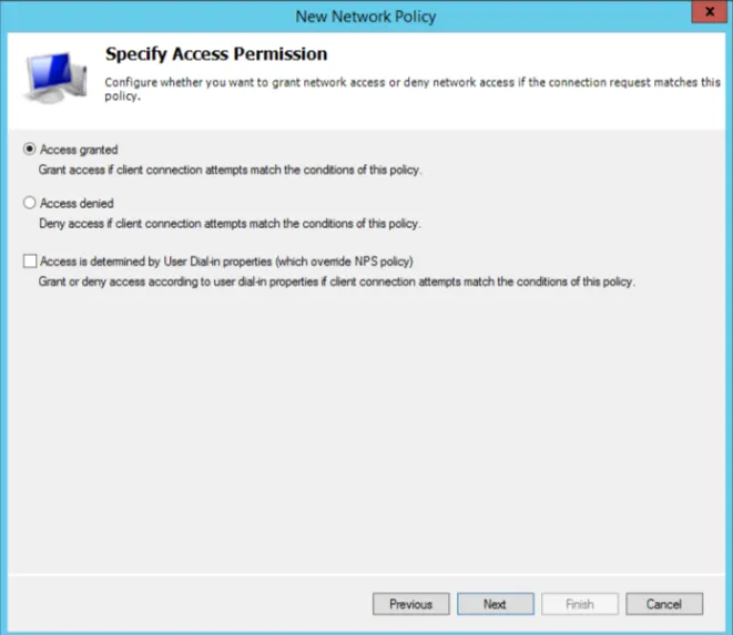 Network Policy Server policy wizard - access permission page with Access granted selected