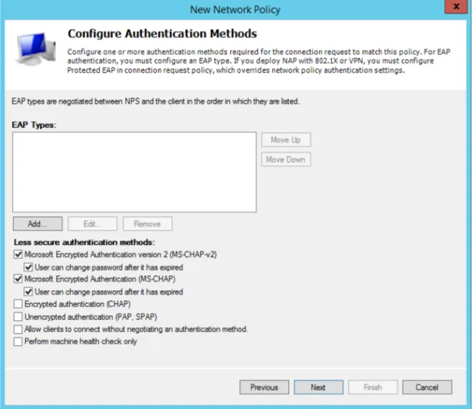 Network Policy Server authentication methods showing MS-CHAPv2 with password change enabled