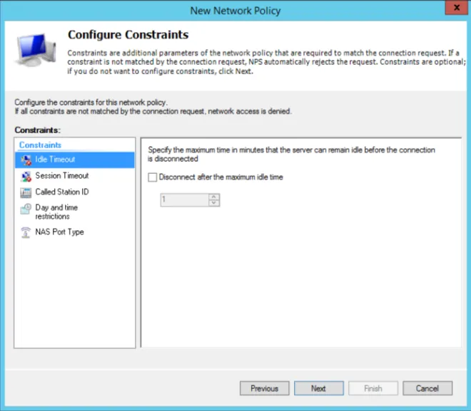 Network Policy Server policy wizard constraints page showing idle timeout and session timeout settings