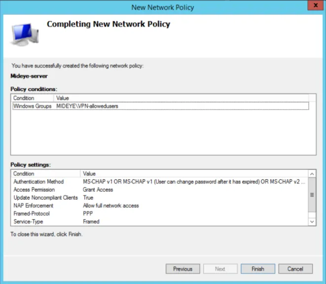 Network Policy Server policy wizard completion summary page