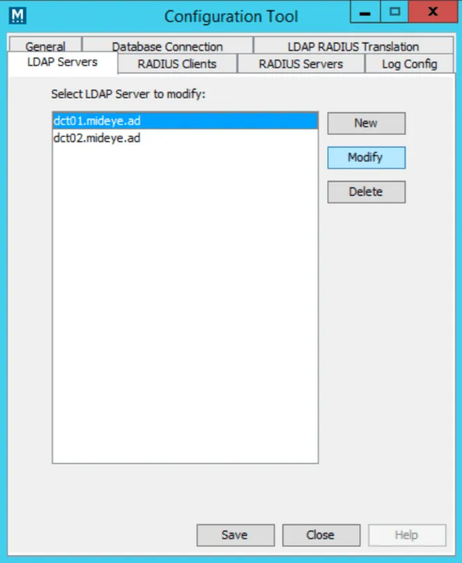 Mideye Configuration Tool LDAP Servers tab with existing LDAP server configuration