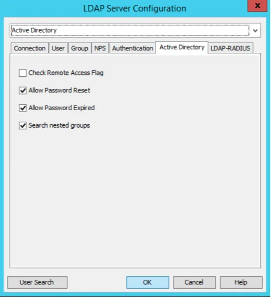 Mideye Configuration Tool Active Directory tab with Allow Password Reset and Allow Password Expired options checked