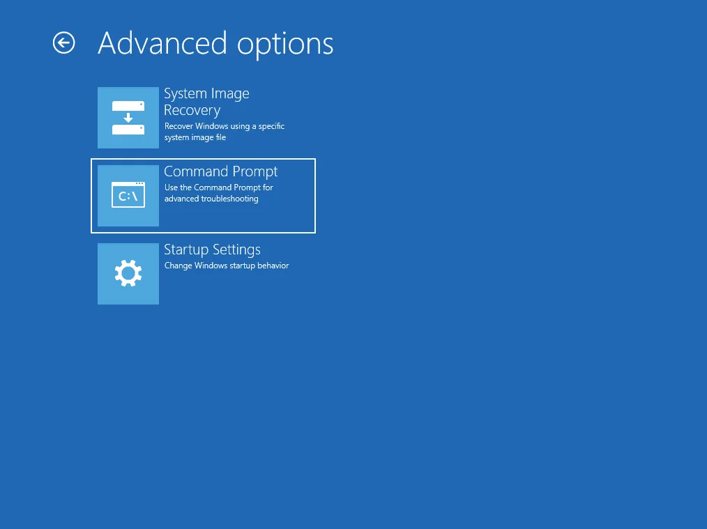 Windows recovery "Advanced options" screen showing System Image Recovery, Command Prompt (highlighted) and Startup Settings.
