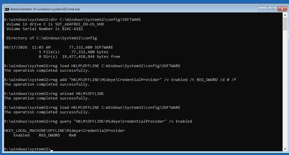Recovery command prompt showing the hive reloaded and reg query returning Enabled REG_DWORD 0x0 under HKEY_LOCAL_MACHINE\OFFLINE\Mideye\CredentialProvider.