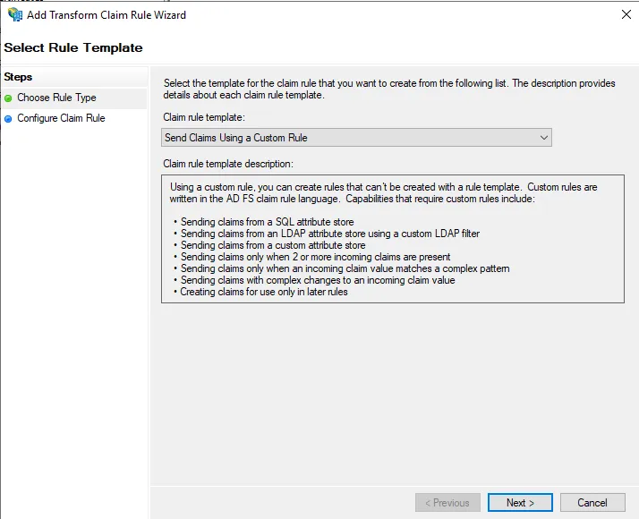 ADFS — choose custom claim rule type