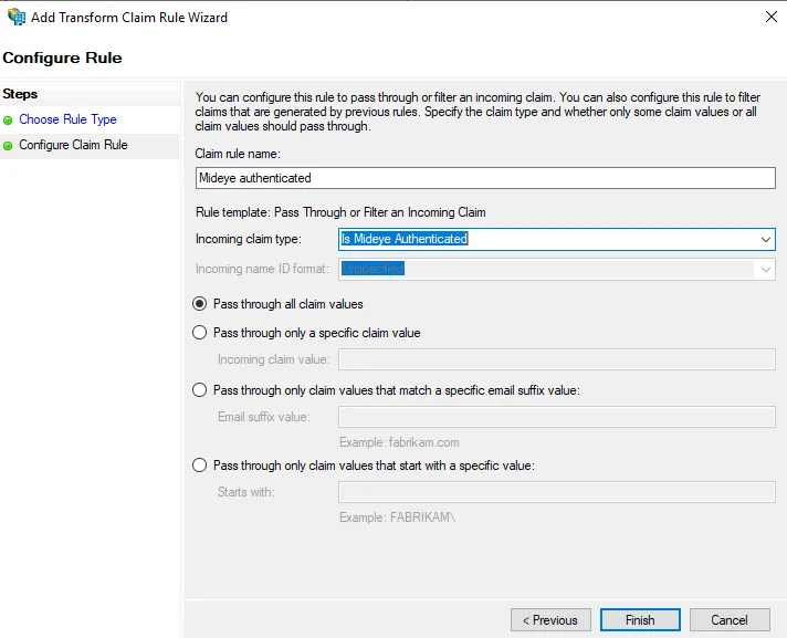 ADFS — configure pass-through claim rule for Mideye authentication