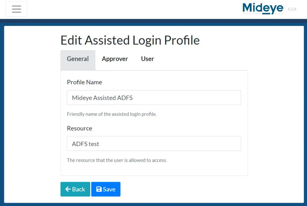 Mideye Server — edit assisted login profile with resource name