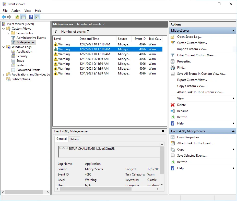 Windows Event Viewer showing Mideye Server SETUP CHALLENGE code in log entry
