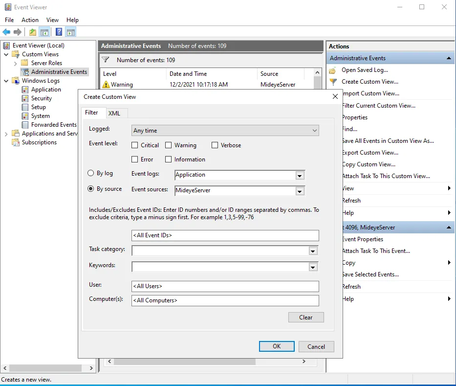 Windows Event Viewer Create Custom View dialog filtering by MideyeServer source