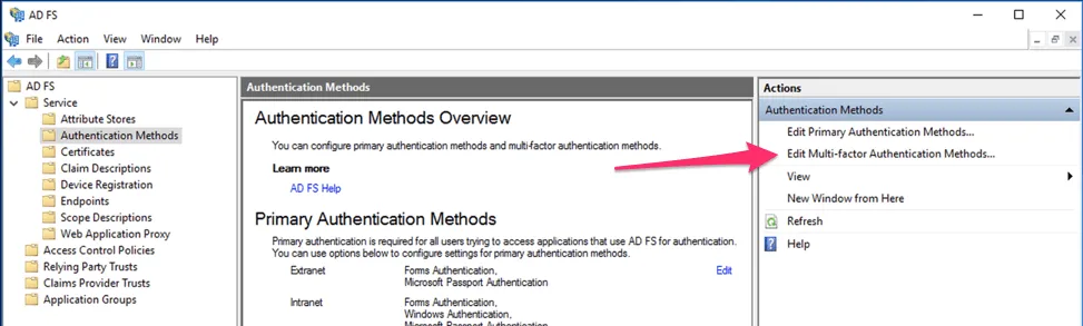 ADFS management console — Authentication Methods, edit MFA methods