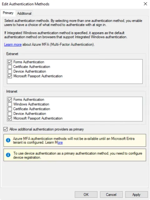 ADFS — Allow additional authentication providers as primary checkbox