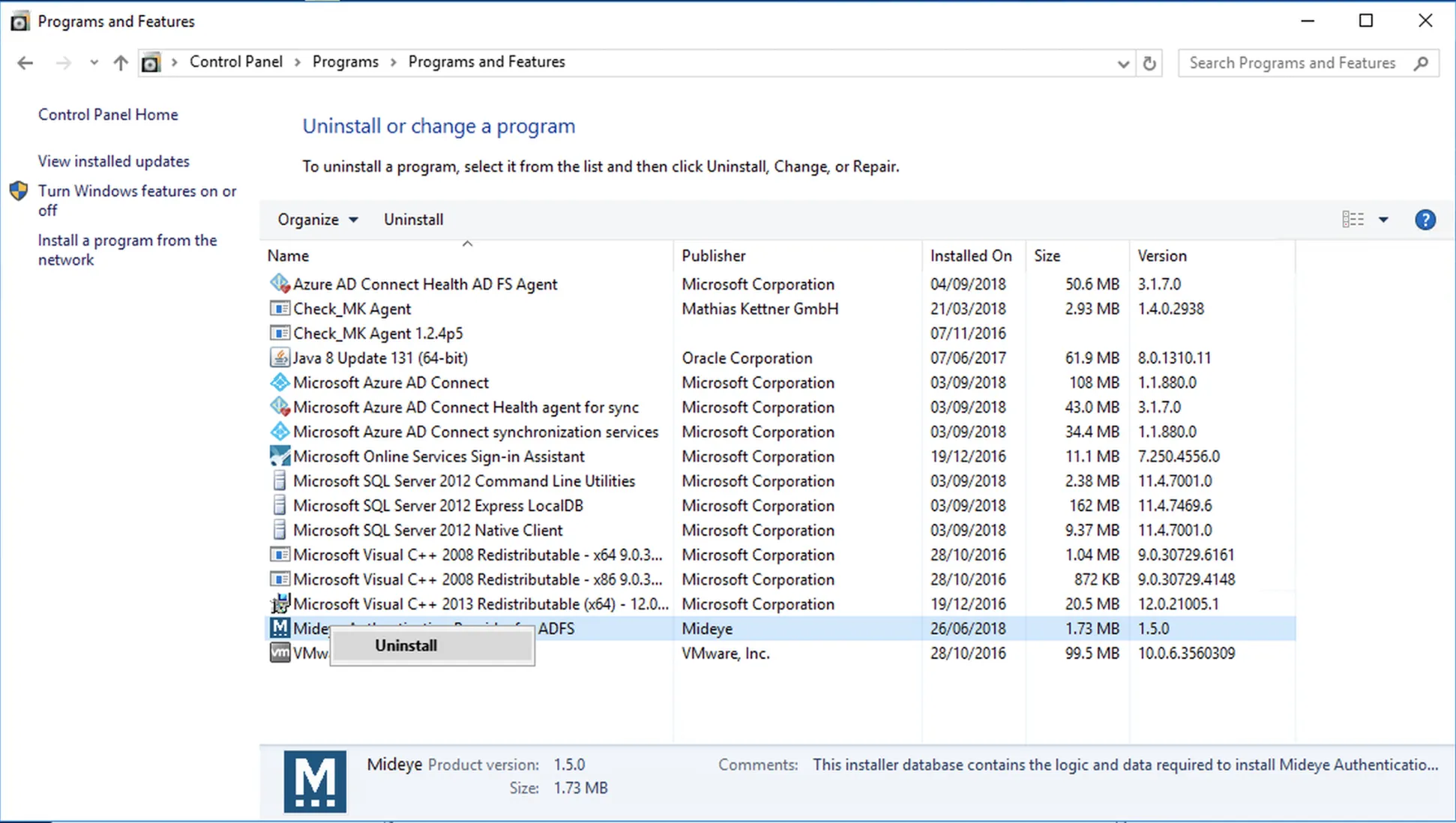 ADFS — Apps and Features, uninstall Mideye ADFS module