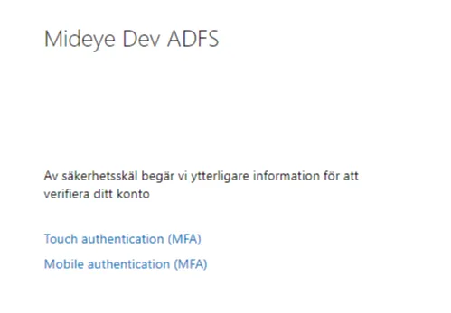 Mideye ADFS login portal — two authentication adapters shown