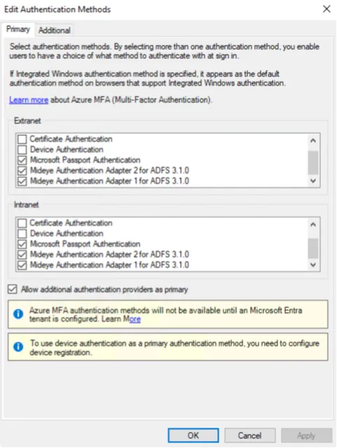 ADFS — Mideye adapters listed as primary authentication providers