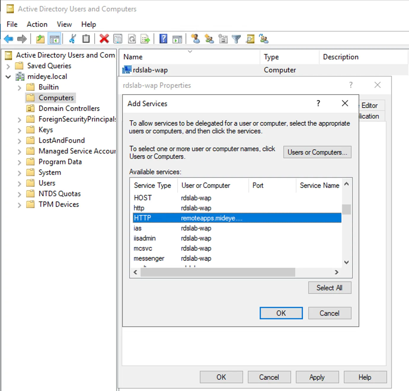 Active Directory — select HTTP service for RD Gateway delegation