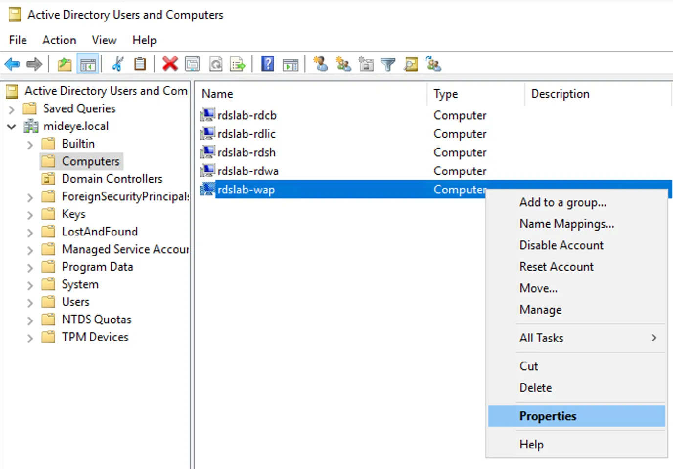 Active Directory — WAP computer properties