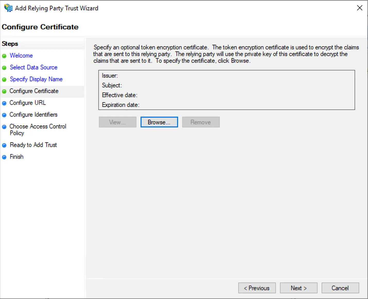 ADFS — configure certificate (skip)