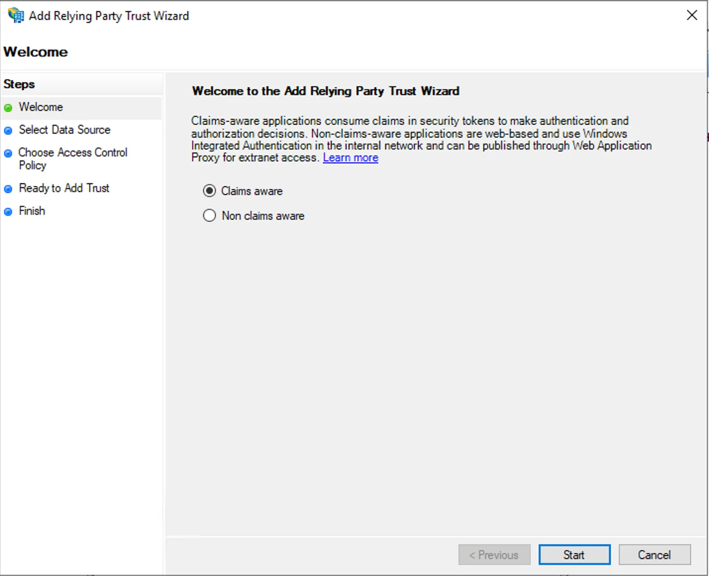 ADFS — select Claims aware trust type