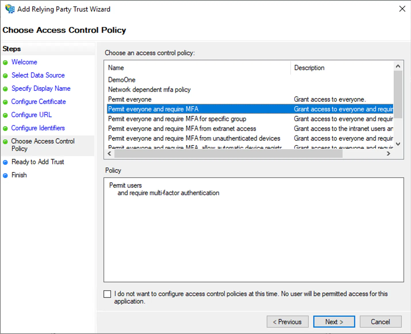 ADFS — select Permit everyone and require MFA