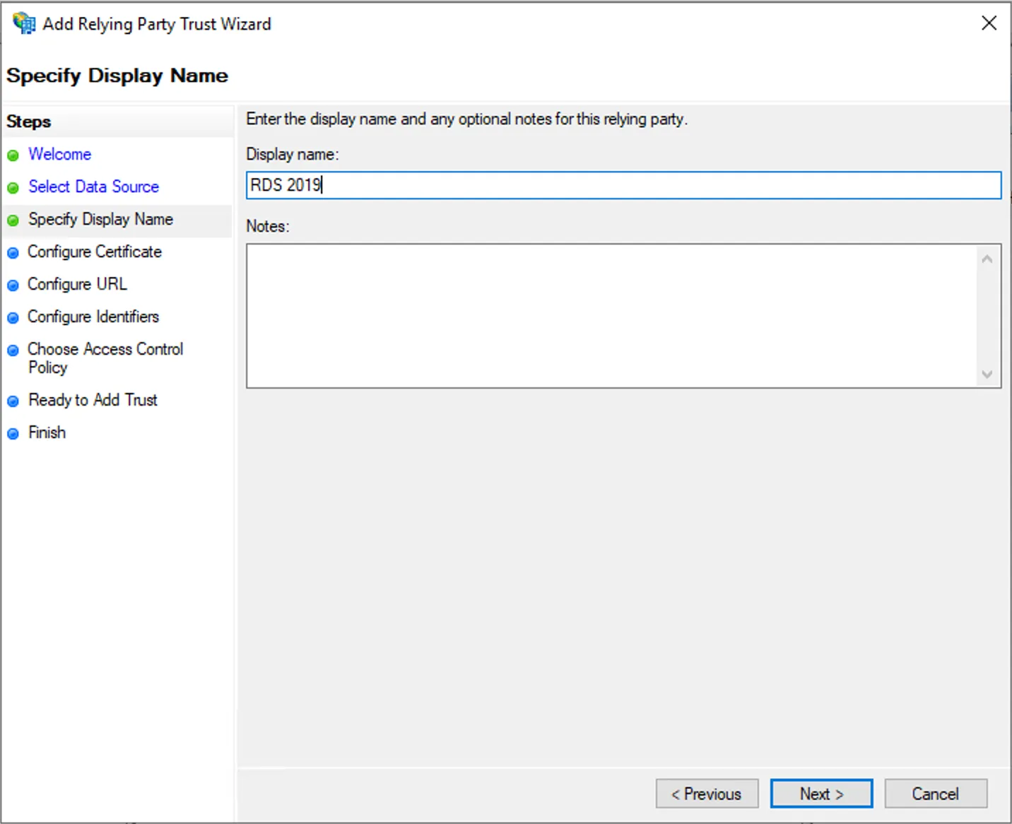 ADFS — enter display name for the relying party