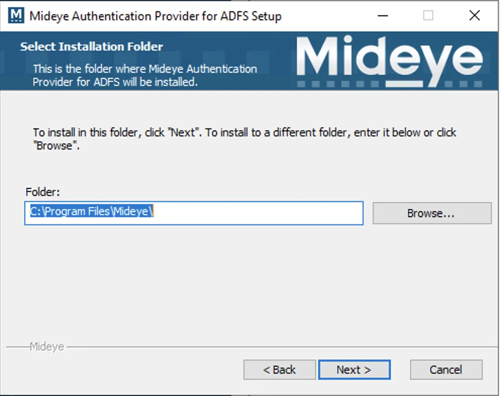 Mideye ADFS module — select installation folder