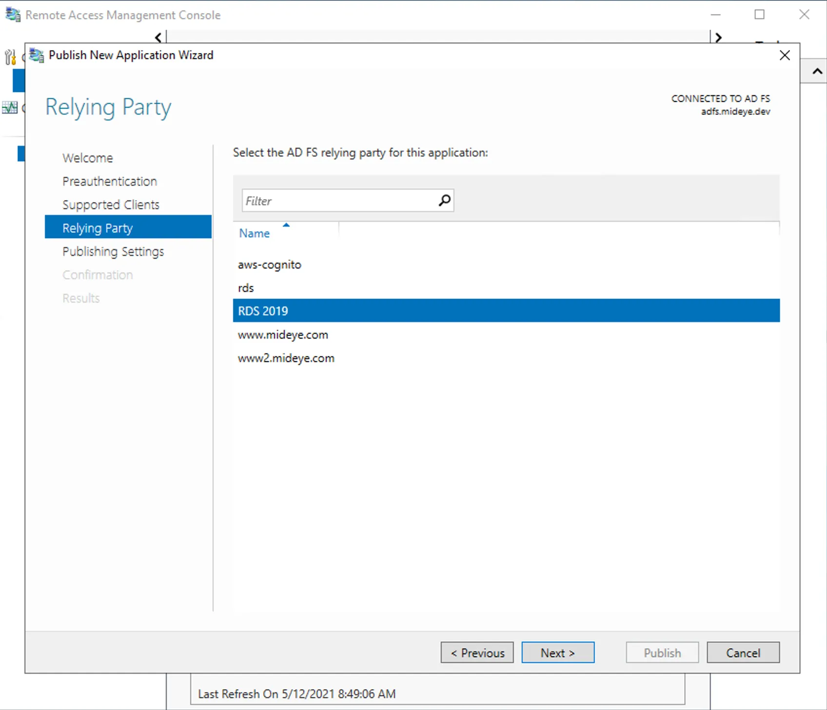 WAP — select ADFS relying party
