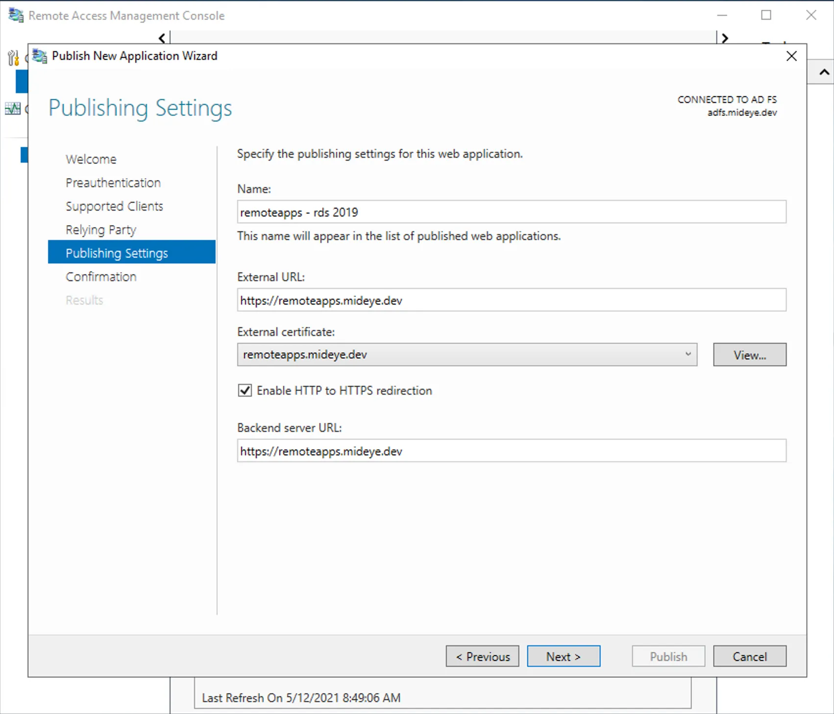 WAP — publishing settings with name, URLs, and certificate