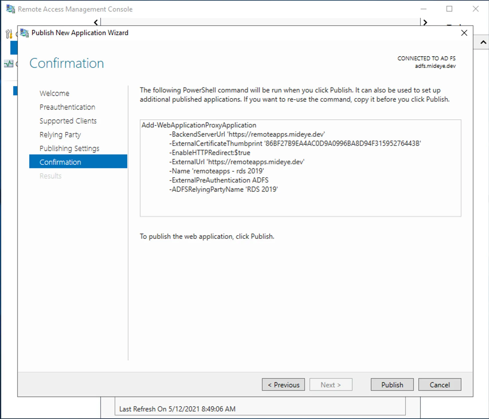 WAP — confirmation and PowerShell command
