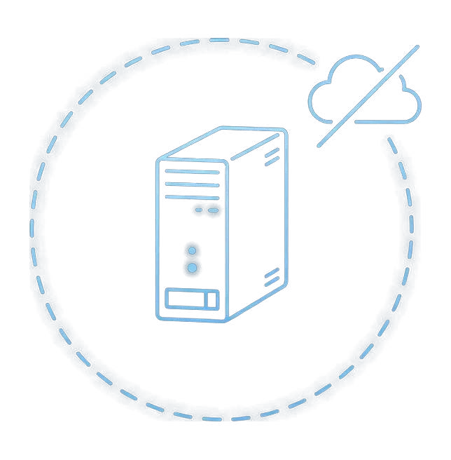 Line-art server inside a protective circle with a crossed-out cloud