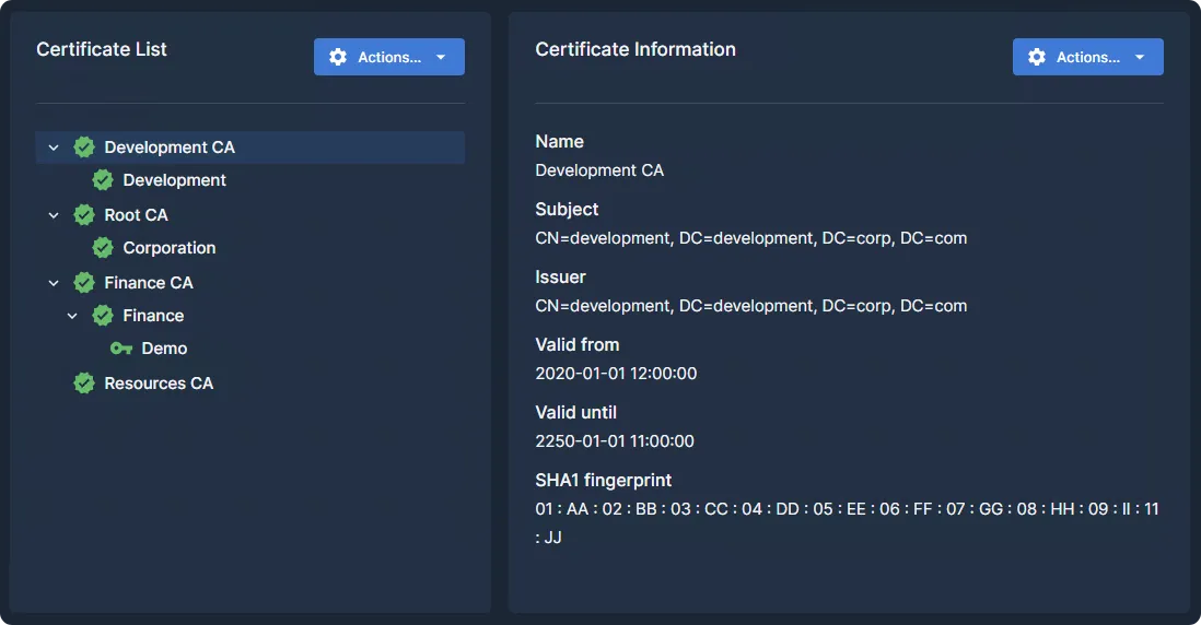 Overview of all certificates on the Mideye Server