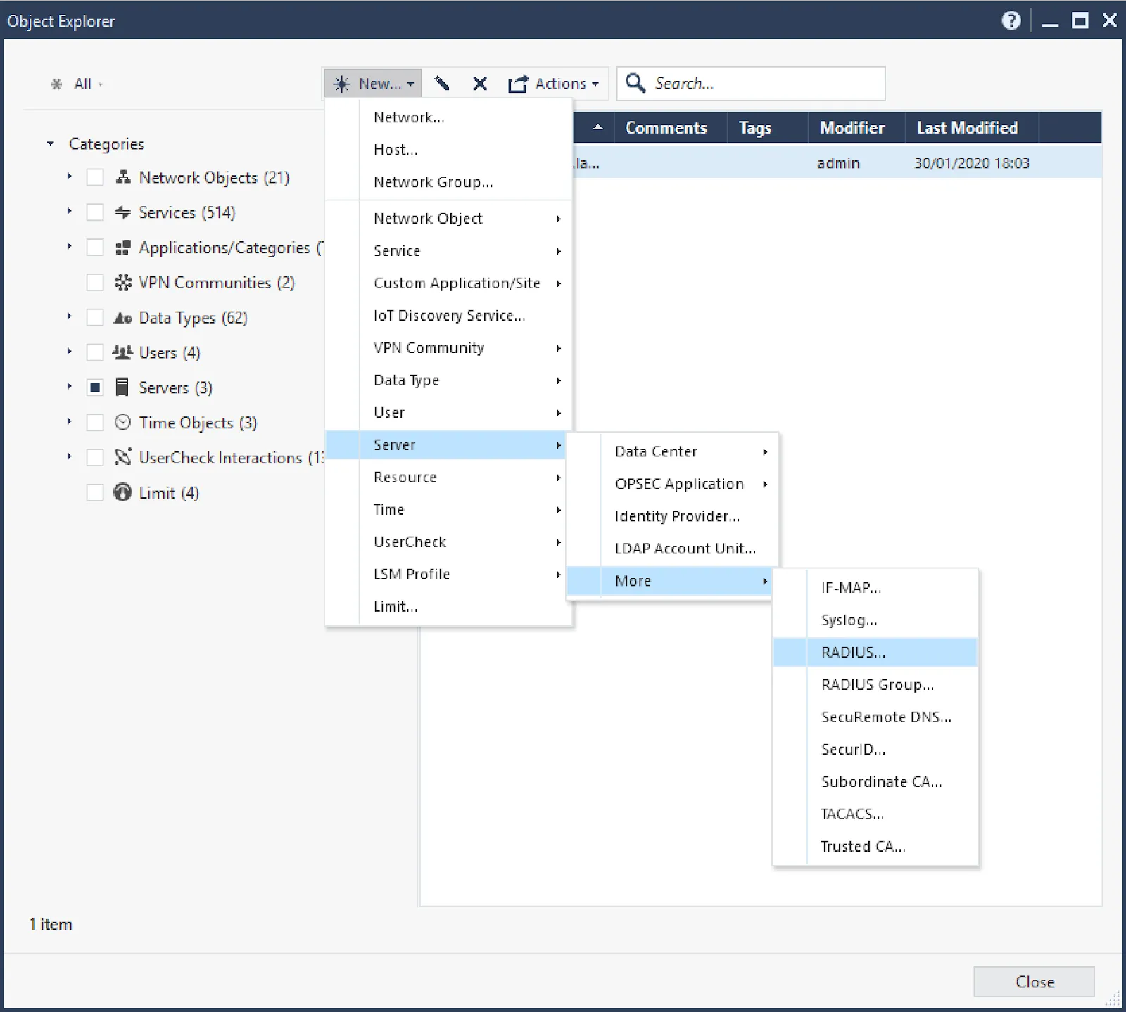 Add new RADIUS server in Object Explorer