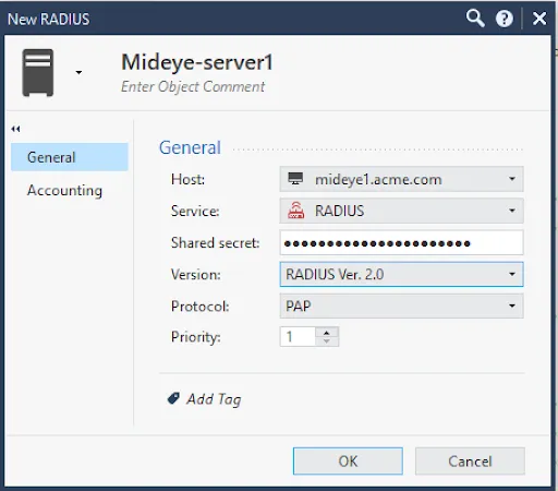 RADIUS server configuration with host, shared secret, version, and protocol