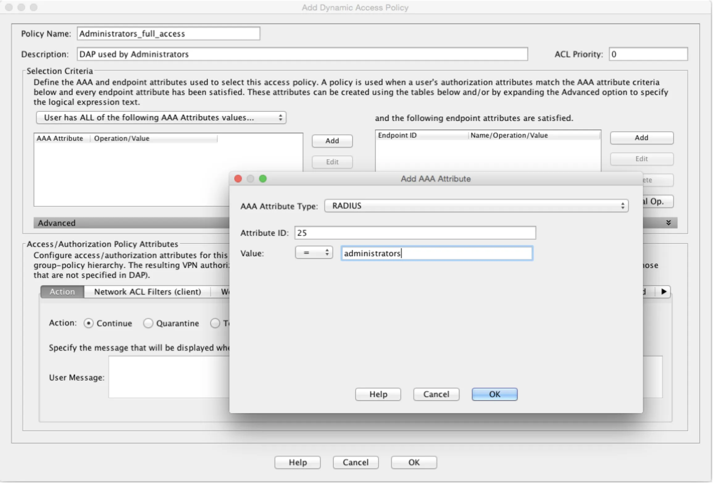 Dynamic Access Policy configuration with RADIUS attribute