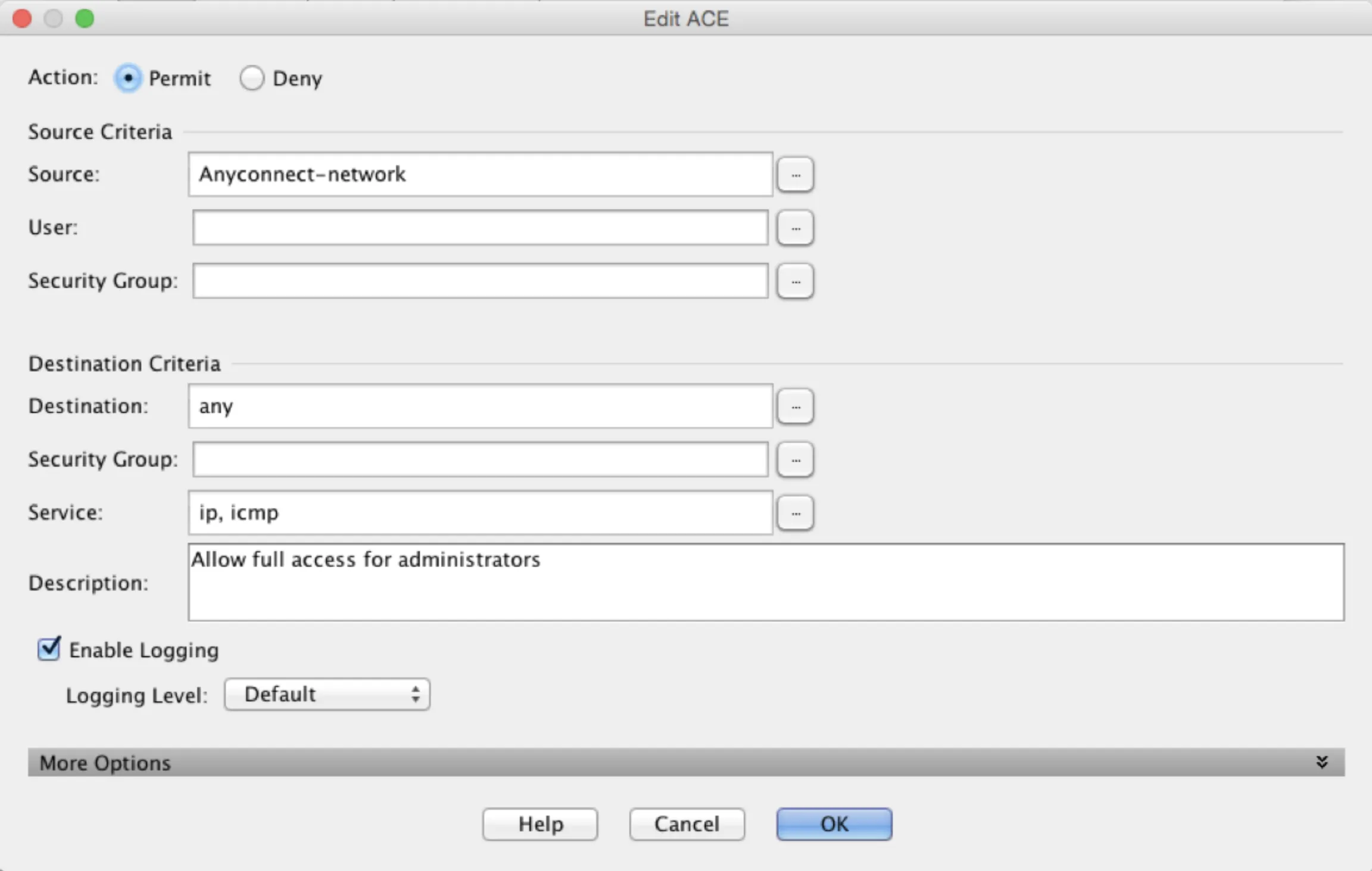 ACL entry editor for DAP permissions
