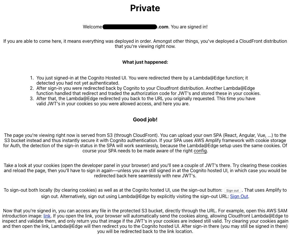 AWS CloudFront protected page — demo site with Private heading and sign-out button