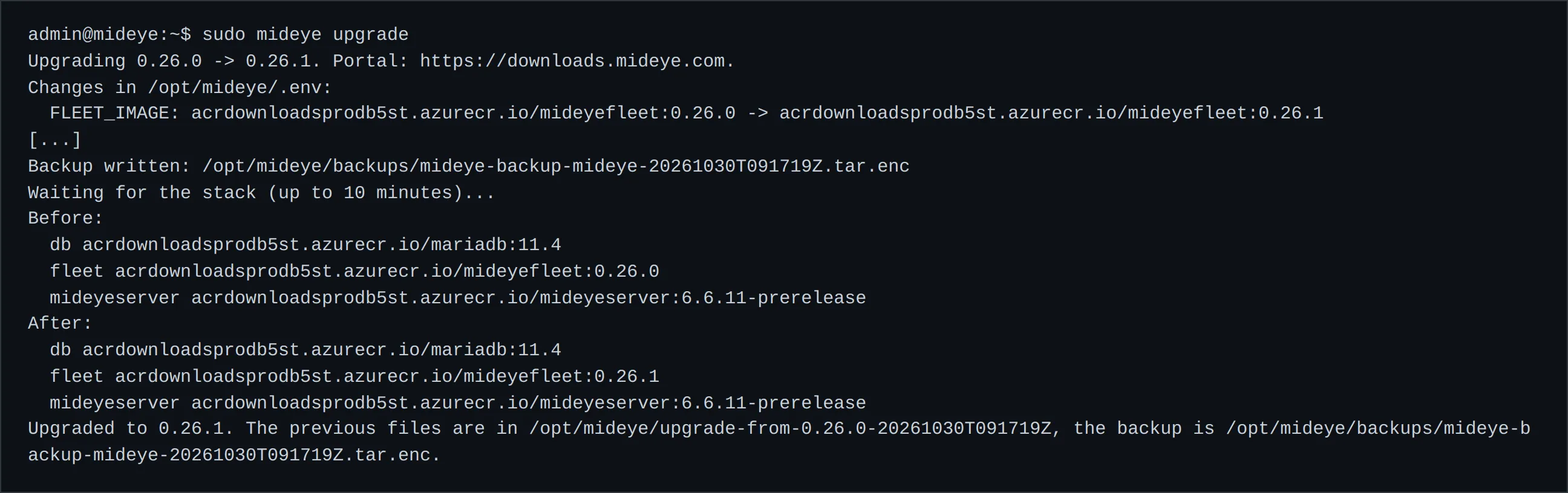 The end of sudo mideye upgrade: the changed image line, the backup, the images before and after, and the Upgraded line.