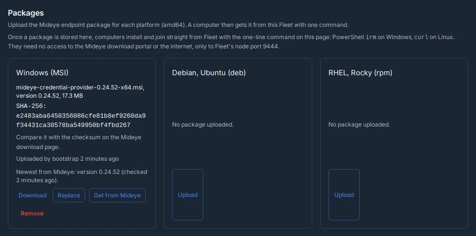 Fleet, Add computers, Packages: the Windows installer and the line Newest from Mideye.
