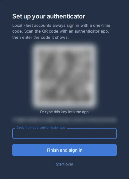 Fleet, first root sign-in after a reset: Set up your authenticator, with the QR code to scan (blurred here).