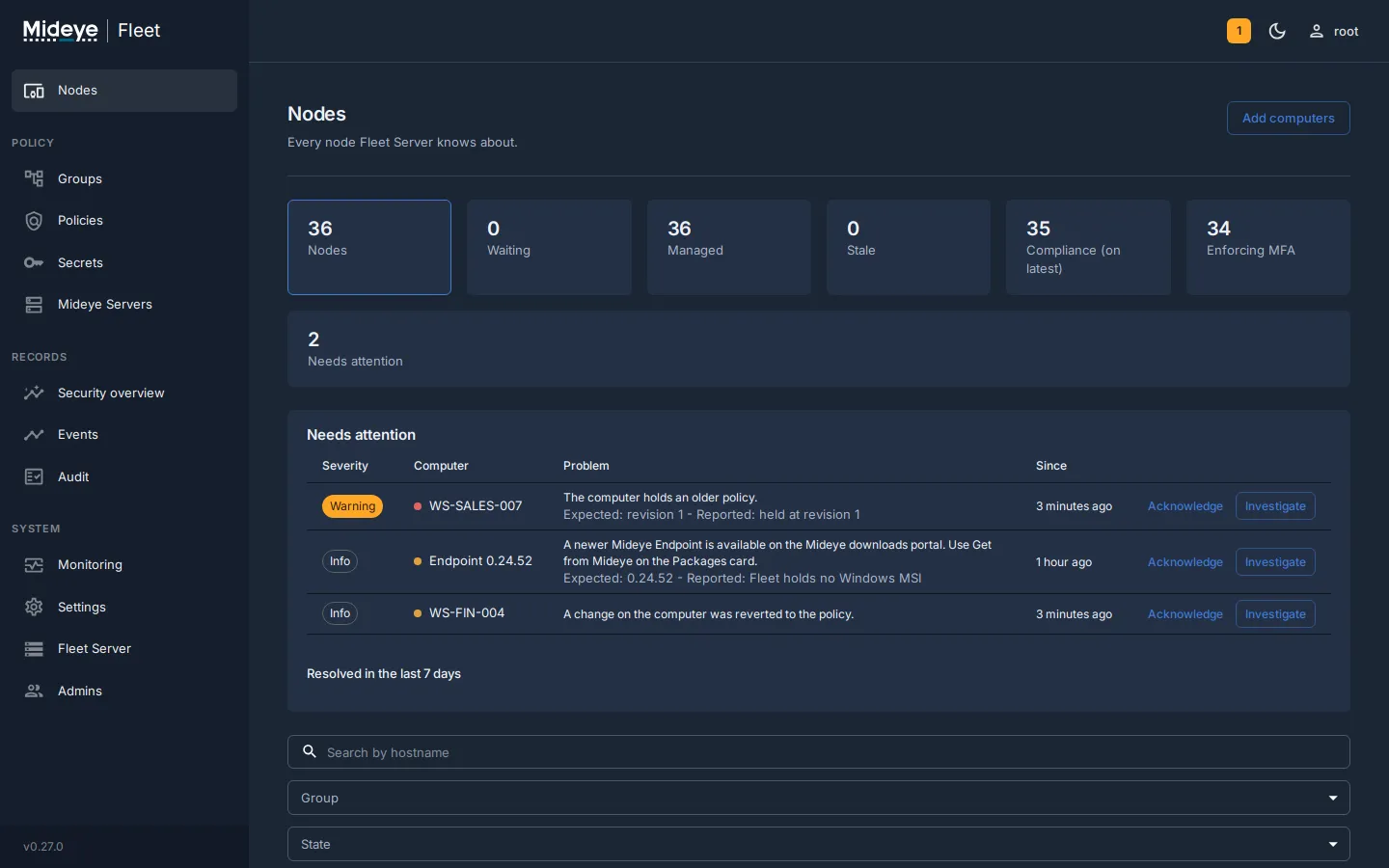 Mideye Fleet, page Nodes: counters for nodes, waiting, managed, stale, compliance and enforcing MFA, and the Needs attention list with warnings per computer.