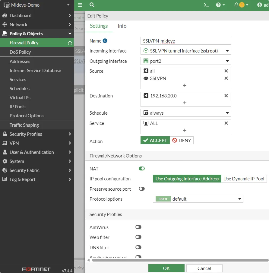 Firewall policy for SSL VPN