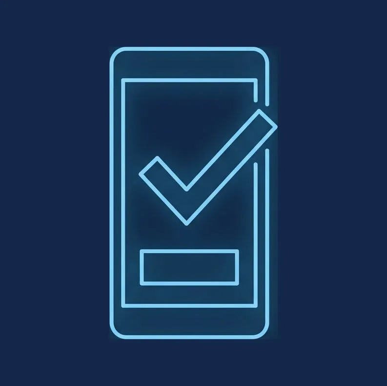 Line icon of a smartphone showing an approval checkmark