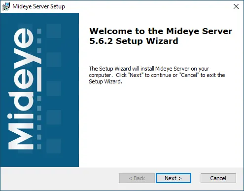 Mideye Server 5 Windows installer welcome screen