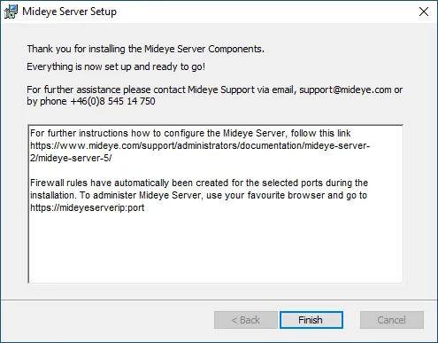 Mideye Server 5 installer completion screen with Launch option