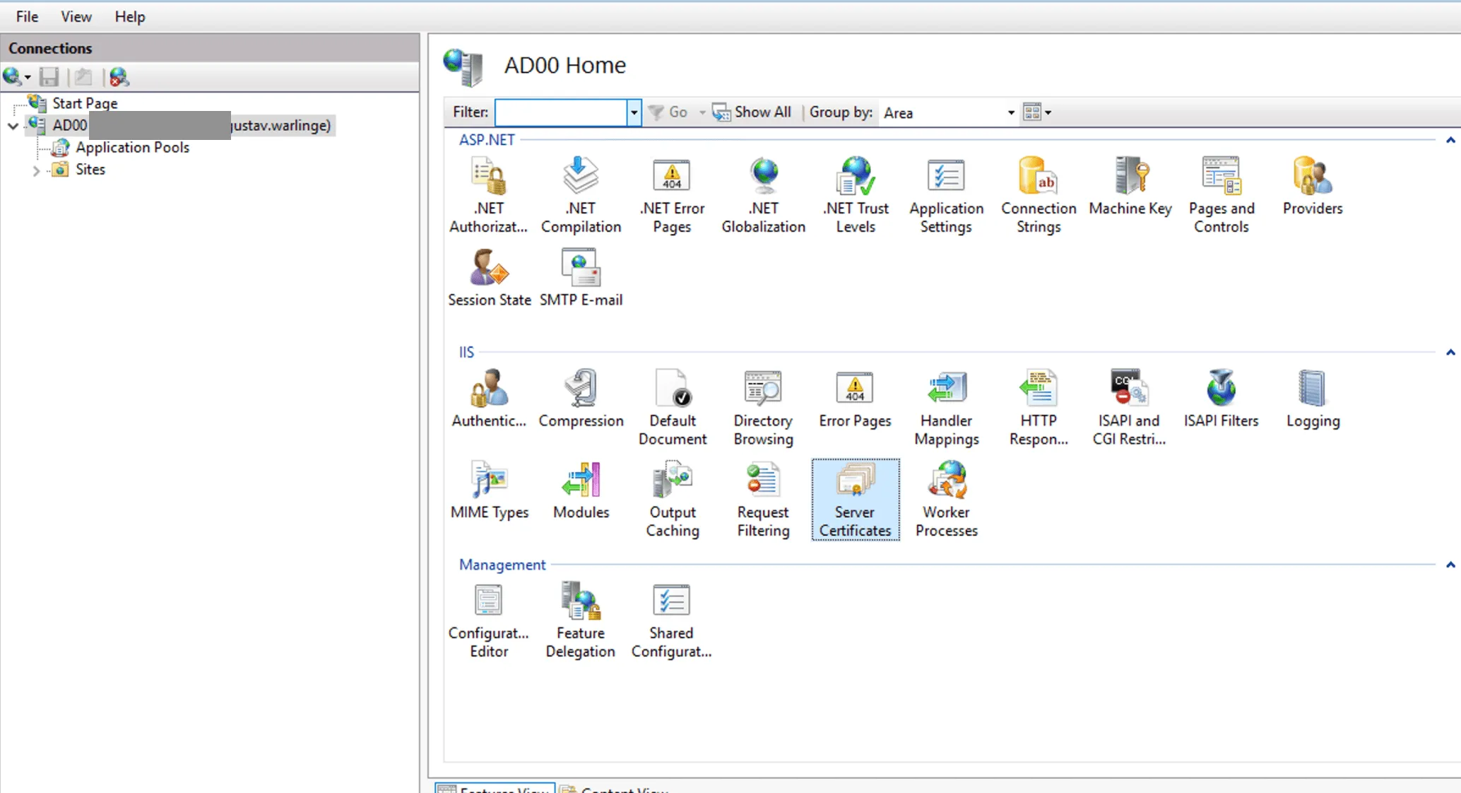 IIS Manager - Server Certificates feature