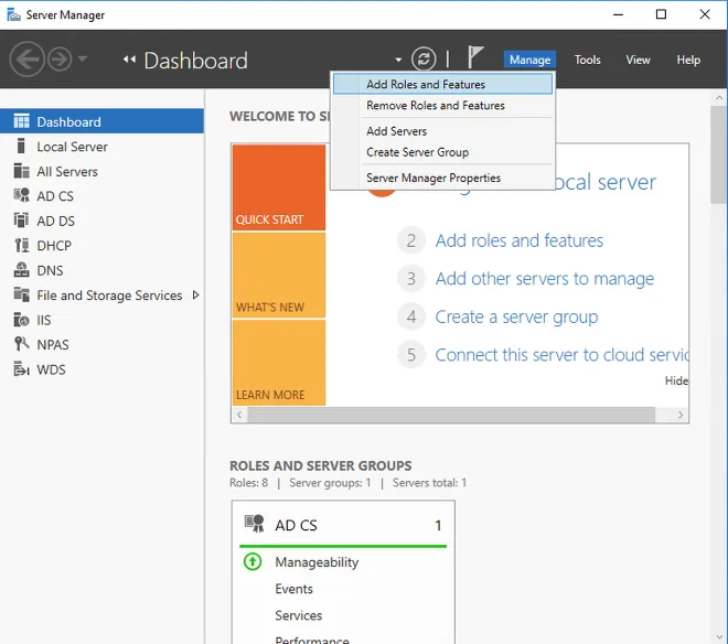Server Manager — open Add Roles and Features wizard