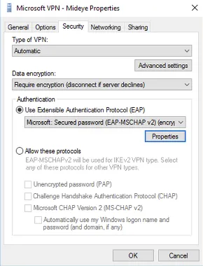Windows — VPN security settings with EAP-MSCHAPv2