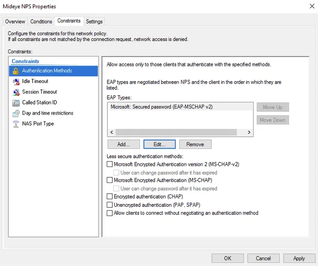 NPS — add EAP-MSCHAPv2 authentication method